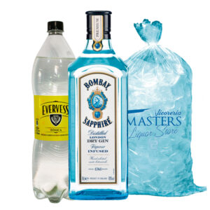 Bombay Shappire 1lt+ Agua Tonica Evervess 1.5L + Hielo 1.5kg