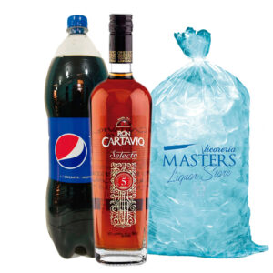 Cartavio 5 años 750 ml+ Pepsi 2L + Hielo 1.5kg