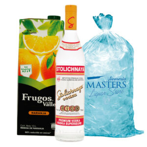 Stolichnaya Russia + Jugo de naranja 1.5L + Hielo 1.5kg